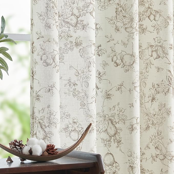 jinchan Linen Floral Curtains for Living Room 63 Inch Length Taupe Printed by JINCHAN