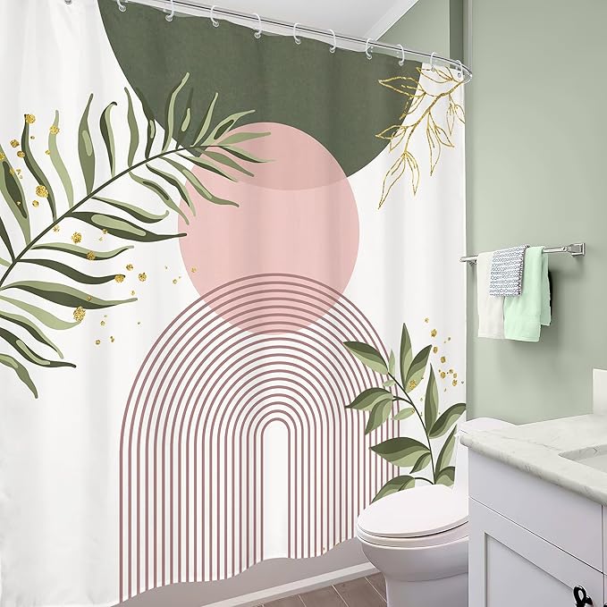 Green Pink Boho Shower Curtain 72Wx72H Modern Bohemian Abstract Sage Green Gold - Image 3