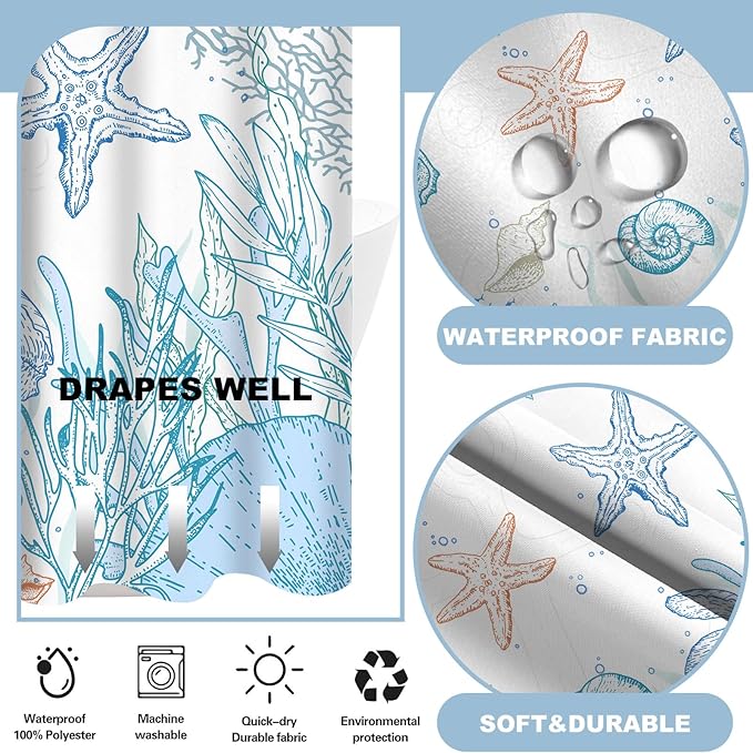 No Hook Shower Curtain with Snap in Liner, Beach Ocean Nautical Coastal Shower - Image 3
