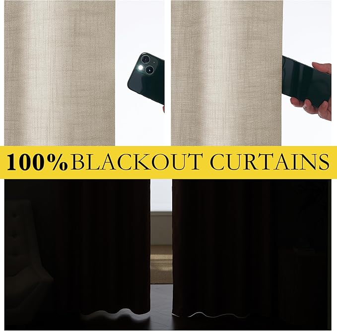 NICETOWN Taupe 100% Blackout Linen Curtains 102 inch Long Burg, Farmhouse Thick - Image 3