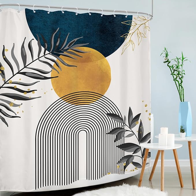 Navy Blue Boho Shower Curtain 60Wx72H Modern Bohemian Mid Century Abstract Gold - Image 3
