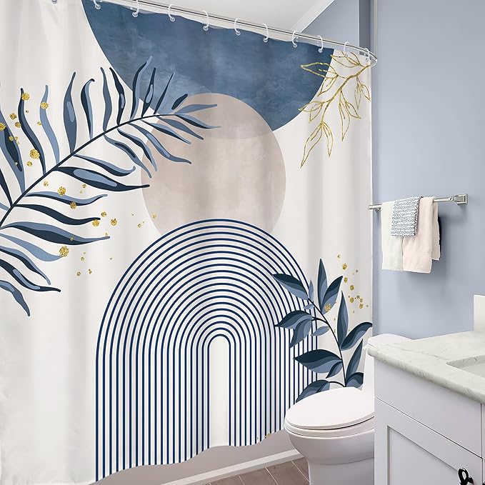 Blue Boho Shower Curtain 72Wx72H Modern Bohemian Abstract Leaves Plant - Image 4