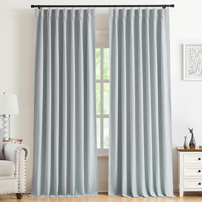 Kayne Studio Blue Fog Pinch Pleated Full Blackout Curtains 112 Inch Linen Blend by KayneStudio