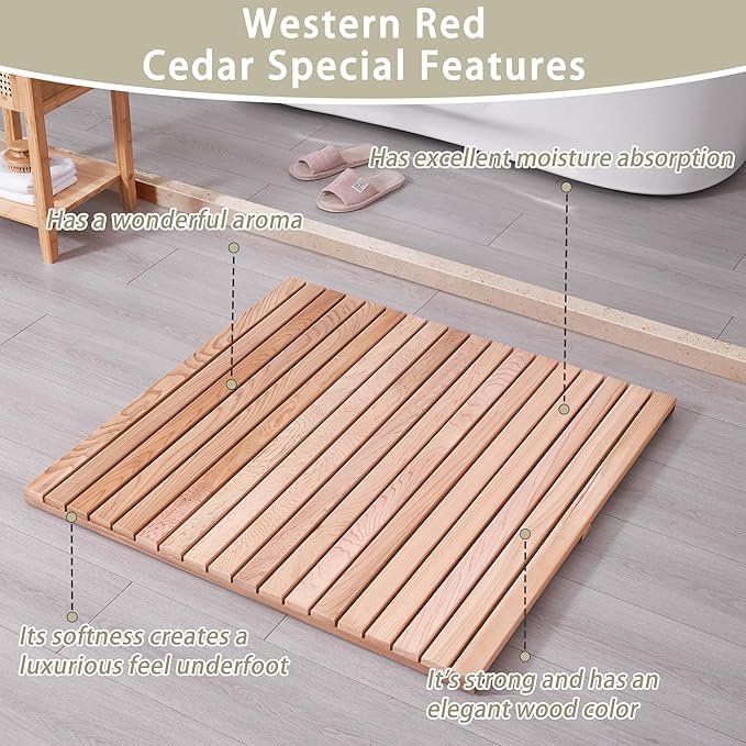 bingaai Cedar Wood Shower Mat 36" × 36" Square, Cedar Wooden Bath Mats - Image 2