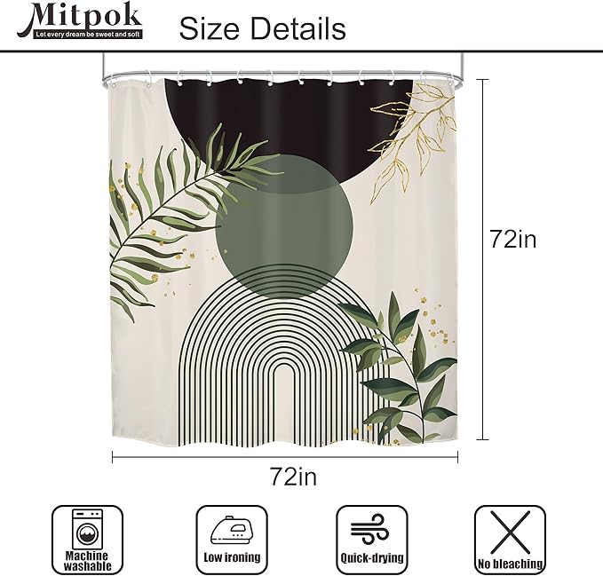 4 PCS Dark Green Boho 72Wx72H Shower Curtain Set Modern Mid Century Leaves - Image 4