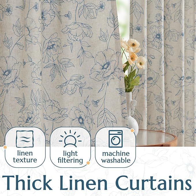 jinchan Floral Linen Curtains for Living Room 84 Inch Length Blue Flower - Image 3