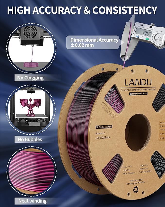 LANDU Silk Dual Color PLA Filament 1.75mm 1KG, 3D Printer Filament Dimensional - Image 2