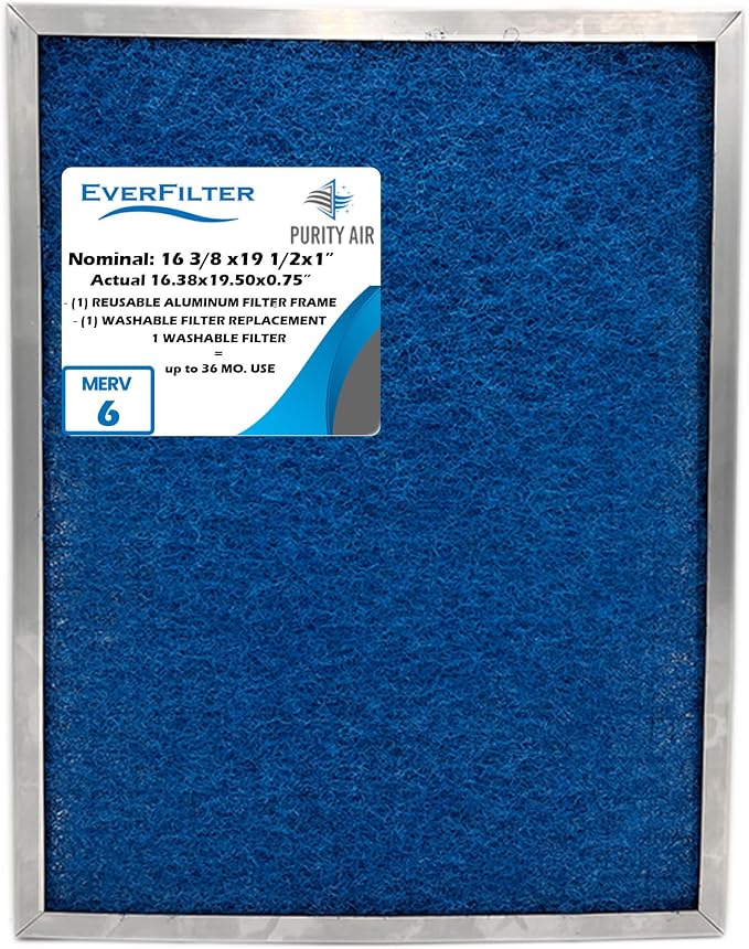 16 3/8x19 1/2x1 Air Filter MERV 6 Washable Air Filter Media, AC Furnace Filter by PurityAir