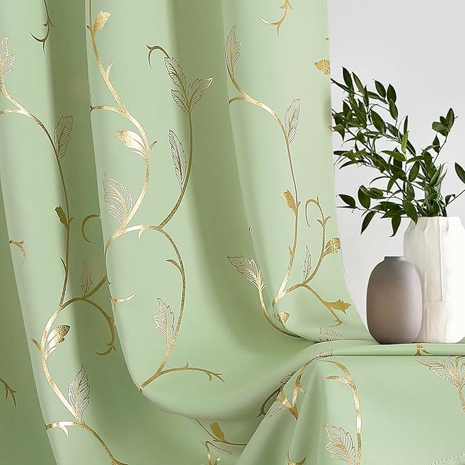 BUHUA Blackout Curtains Gold Foil Print Flower Vine Grommet Drapes, Room - Image 4