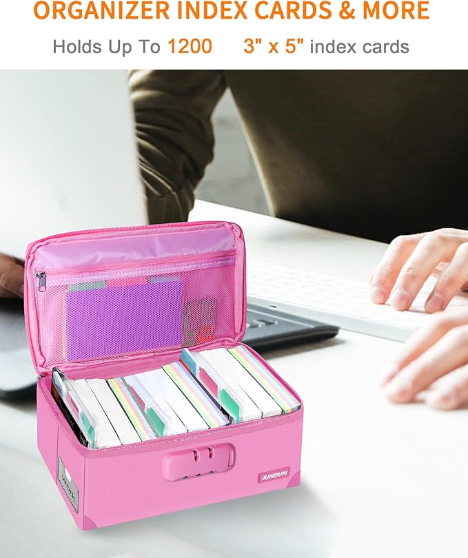 JUNDUN Index Card Holder with Lock, Collapsible Fireproof Index Card Box fits - Image 3