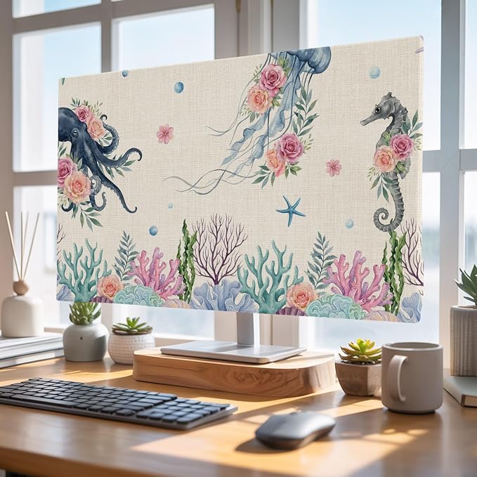 Sea Jellyfish Seahorse Octopus Indoor TV Cover, Elastic TV Screen Protector by Unknown