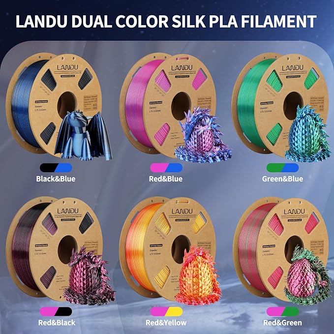 LANDU Silk Dual Color PLA Filament 1.75mm 1KG, 3D Printer Filament Dimensional - Image 2