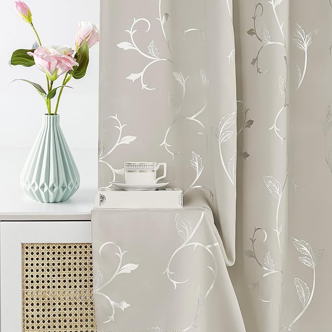 BUHUA Blackout Curtains Silver Foil Print Flower Vine Grommet Drapes, Room - Image 4
