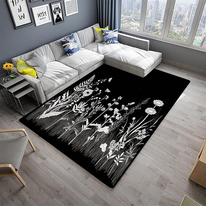 Shag Carpet Black and White Field Flower Pattern Drawing Foldable Area Rugs - Image 2