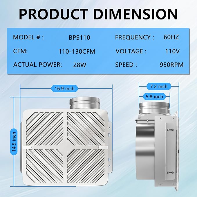 Bathroom Exhaust Fan White Ceiling Mount Ventilation Fan 110-130 CFM 1.0 Sones - Image 3