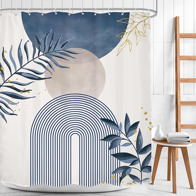 Blue Gray Boho Shower Curtain Dusty Blue Gold Leaves Modern Bohemian Abstract - Image 2