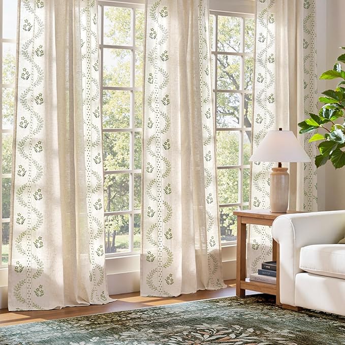 jinchan Belrose Linen Curtains for Bedroom Floral Curtains 63 Inch Length Linen - Image 3