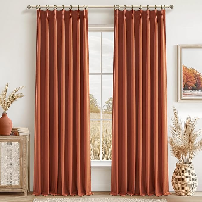 Fall Burnt Orange Curtains Pinch Pleated Blackout 96 Inches Long 2 Panels Set by QJMYDECO