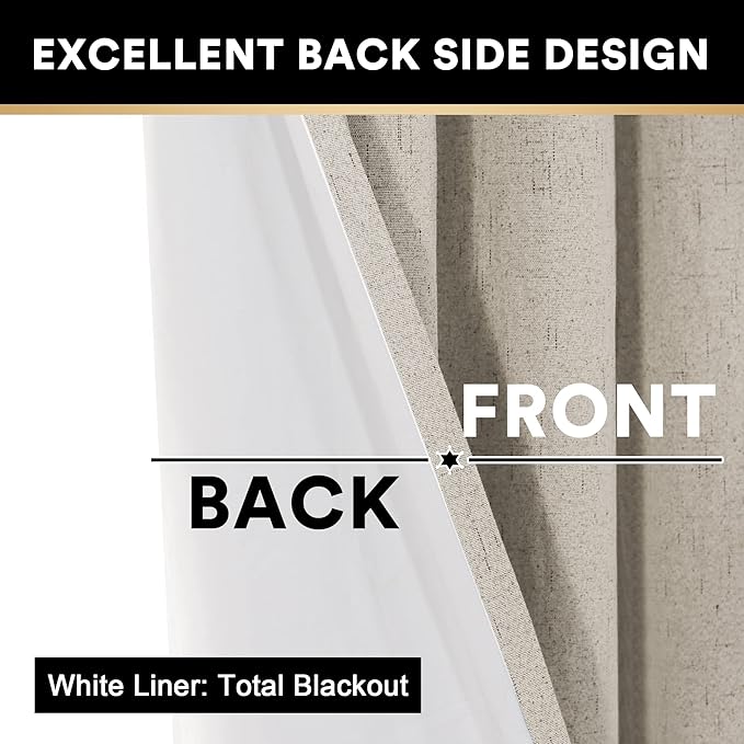 PrinceDeco Linen Texture Curtains 100% Blackout Curtains 64 inch Long 2 Panels - Image 5