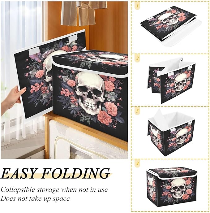 xigua Skull Storage Bins with Lids and Carrying Handle, Foldable Storage Boxes - Image 4