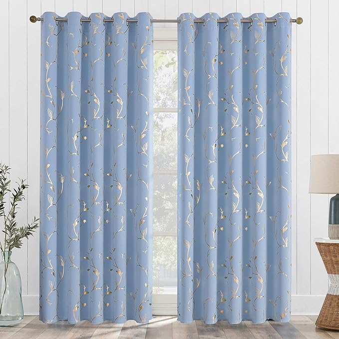 BUHUA Blackout Curtains Gold Foil Print Flower Vine Grommet Drapes, Room - Image 2