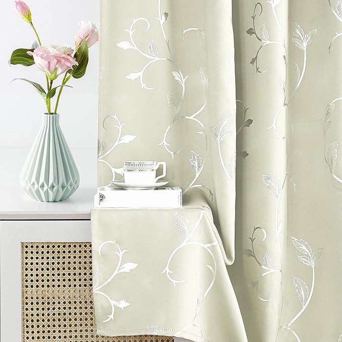 BUHUA Blackout Curtains Silver Foil Print Flower Vine Grommet Drapes, Room - Image 6