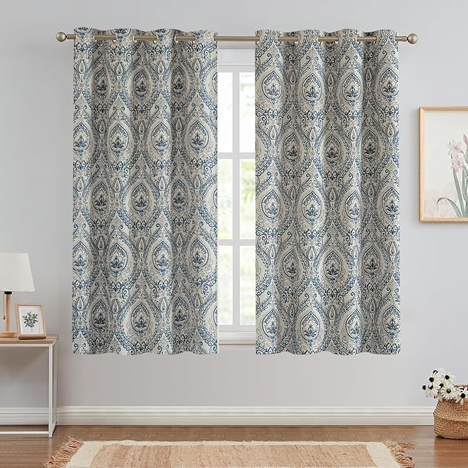 Vangao Vintage Damask Blue Curtains 63 Inch Long Blackout Curtains Linen - Image 2