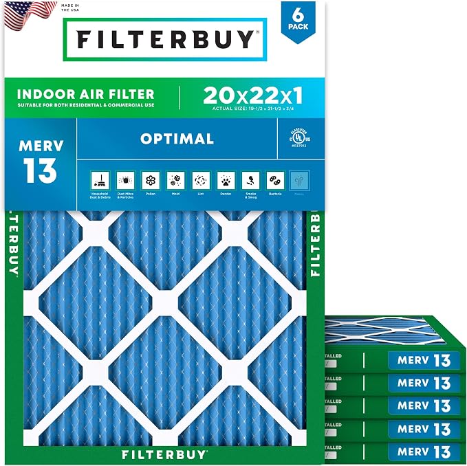 Filterbuy 20x22x1 Air Filter MERV 13 Optimal Smoke & Allergy Defense, by Filterbuy