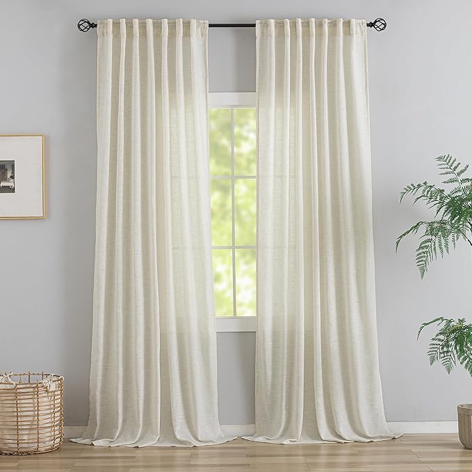 94 Inch Length Curtains Natural Linen Back Tab Hook Belt Loops Privacy Semi by DONREN
