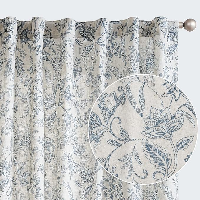 Vangao Blue Floral Linen Curtains by Vangao