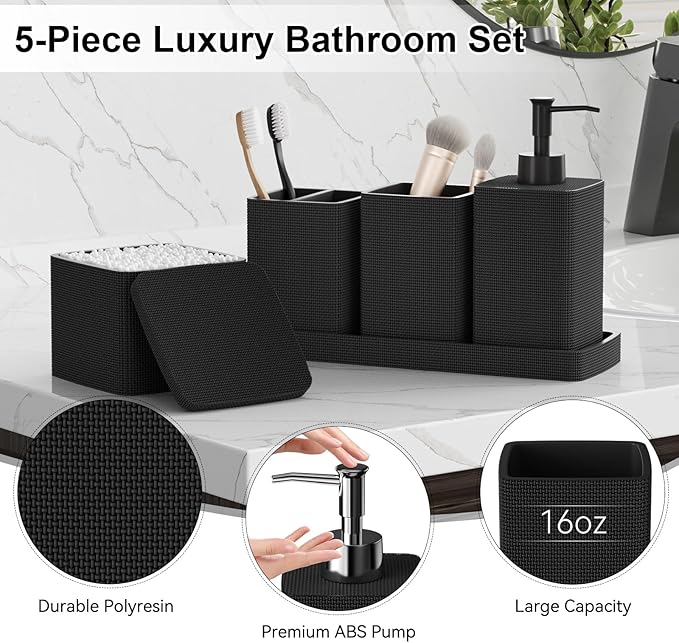 Matte Black Bathroom Accessories Set 5 Pieces, Resin Toothbrush Holders Set - Image 4