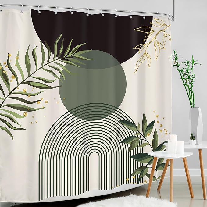 Dark Green Boho Shower Curtain 72Wx72H Black Bohemian Modern Abstract Plant - Image 3