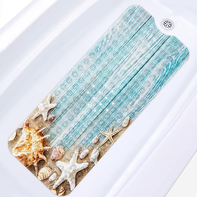 Seashells Summer Bath Mat Non Slip, Space Beach Wood 40 X 16 Inch Extra Long by Britown