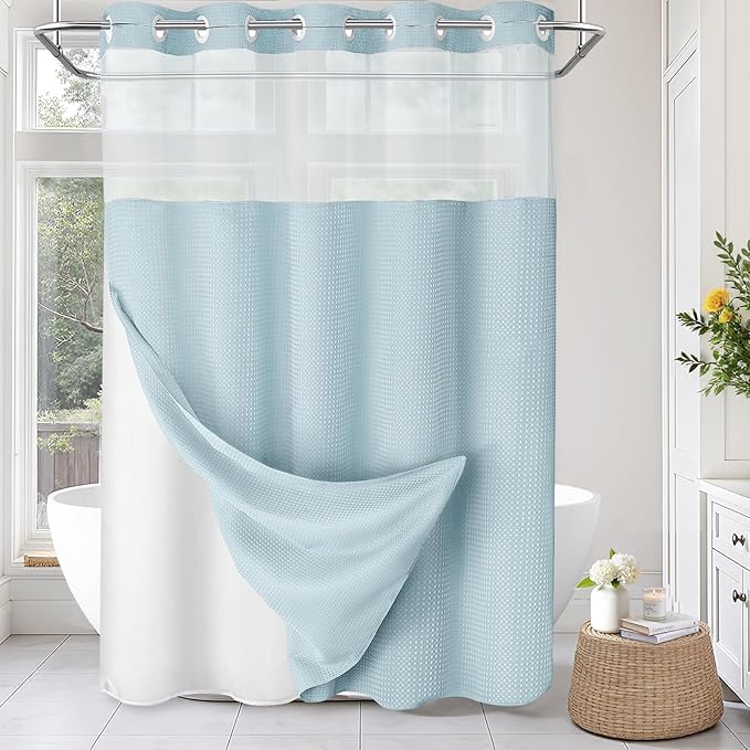 No Hook Shower Curtain and Liner Set, Teal Hotel Waffle Shower Curtain by Unknown