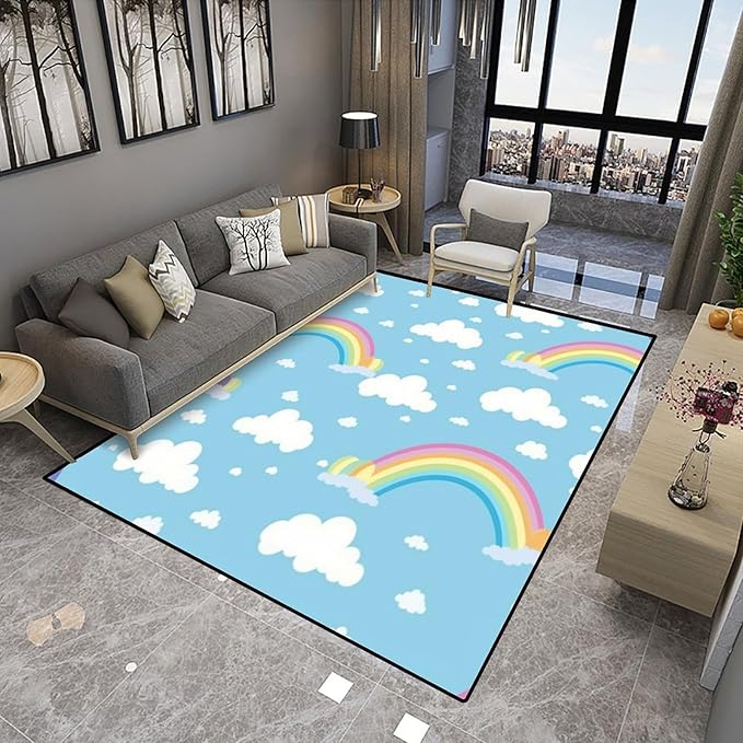 Area Rug, Rainbow and Cloud Pattern Printing Reversible Area Rugs Fade Resistant - Image 4