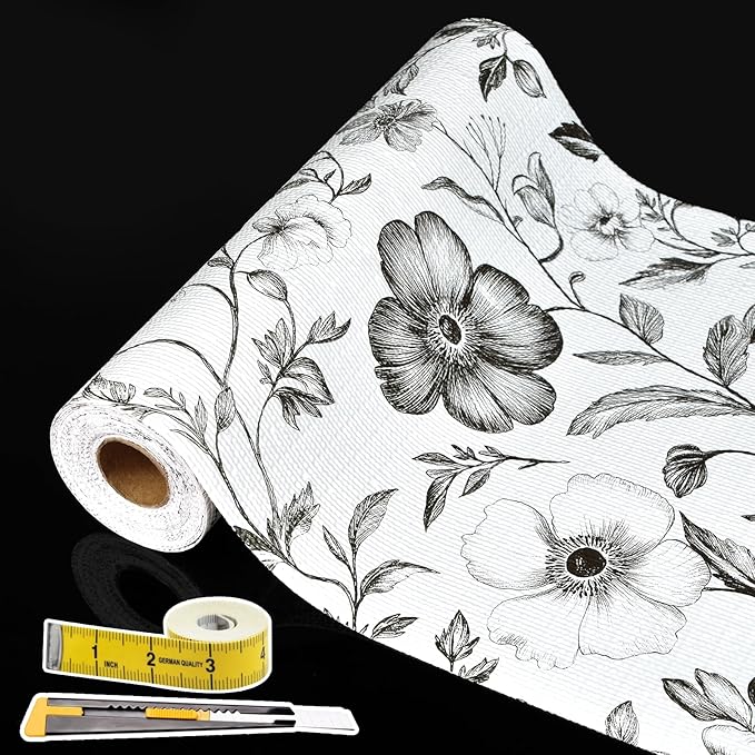 Drawer and Shelf Liner Black Flowers 17in x 20FT, Non Adhesive Anti-Slip Double by Adwann