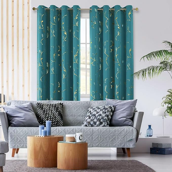 BUHUA Blackout Curtain 2 Panel Set Silver Vine Foil Print Thermal Insulated - Image 3