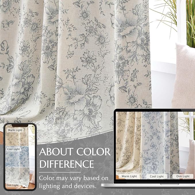 jinchan Blackout Linen Blend Curtain Grey Floral Blackout Curtains - Image 6