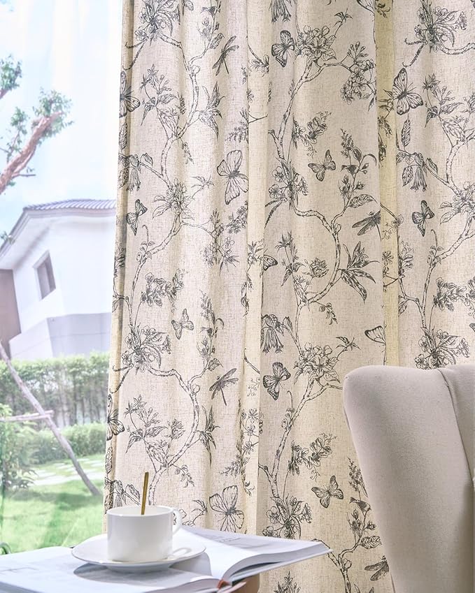 jinchan Floral Linen Curtains for Living Room 84 Inch Length Butterfly Curtain - Image 2