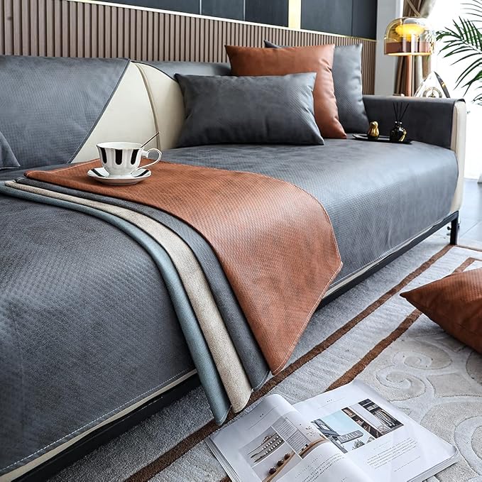Faux Leather Waterproof Couch Sofa Cover Vintage PU Sectional Couch Cover Non - Image 5