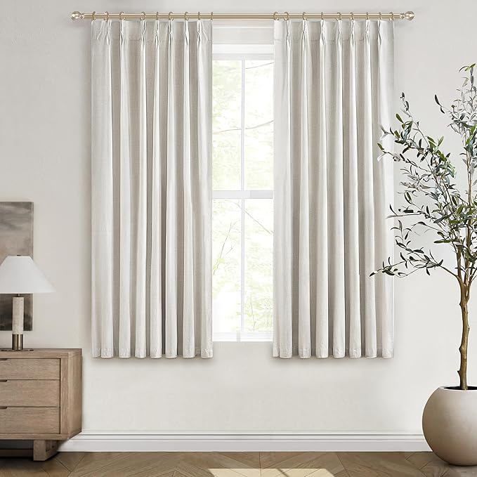 Short Linen Blackout Curtains for Bay Windows 45 Inch Length Bedroom/Living by QJMYDECO