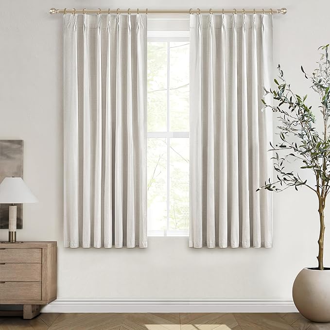 Short Linen Blackout Curtains for Bay Windows 48 Inch Length Bedroom/Living by QJMYDECO