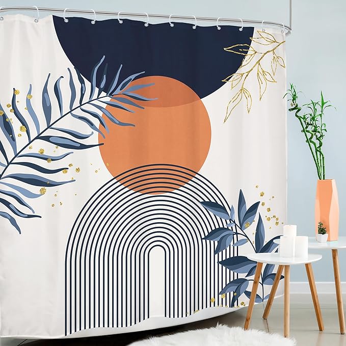 Navy Blue Boho Shower Curtain 72Wx72H Modern Abstract Bohemian Blue Gold Leaves - Image 3