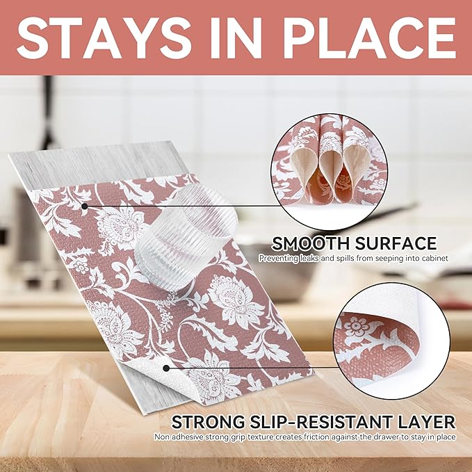 RAY STAR Shelf Liner, Non Adhesive Pink Floral Kitchen Cabinet Liner - Image 3