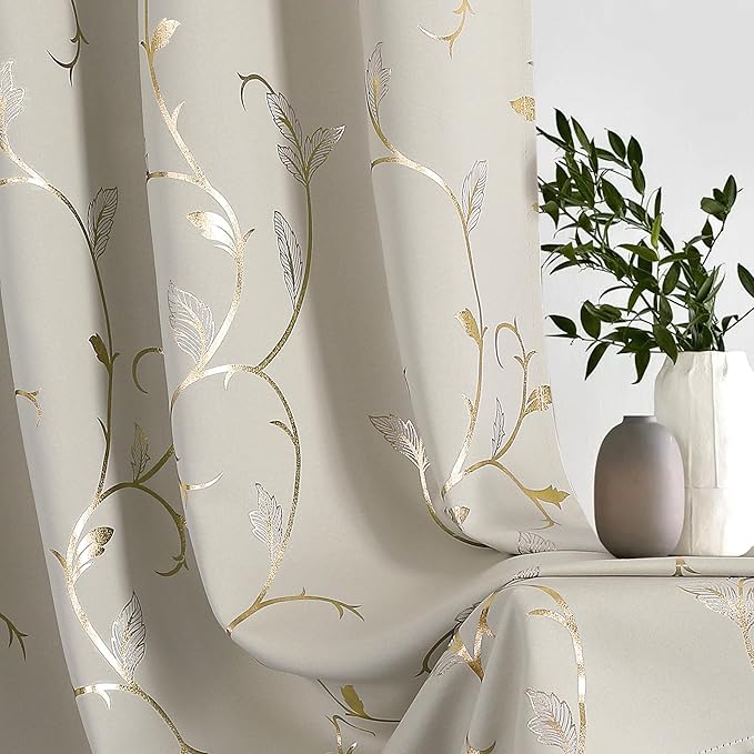 BUHUA Blackout Curtains Gold Foil Print Flower Vine Grommet Drapes, Room - Image 4