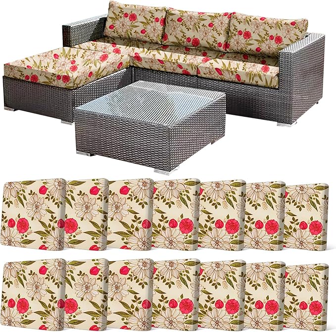 14Pcs Stretch Patio Cushion Cover, Floral Couch & Sofa Slipcovers by CALBODE