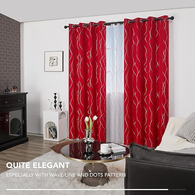 Deconovo Christmas Red Curtains, Wave Line Dot Foil Print, 52 x 95 Inch - Image 5