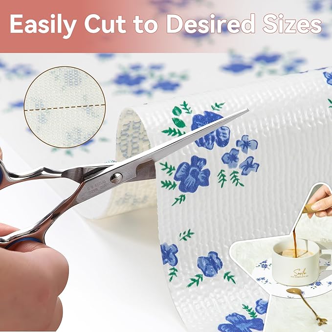 RAY STAR Shelf Liner, Non Adhesive Blue Floral Kitchen Cabinet Liner - Image 4