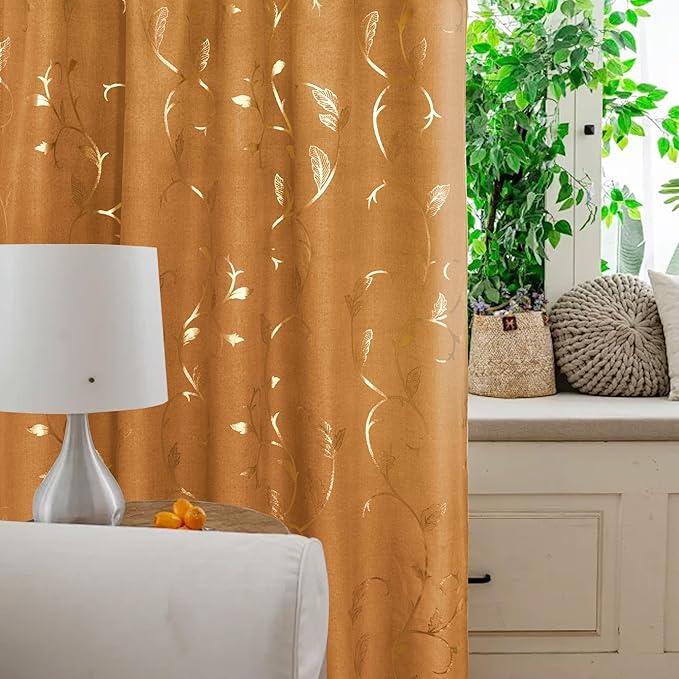 BUHUA Semi Sheer Curtain 2 Panels Gold Vine Foil Print Floral Textured Linen - Image 3