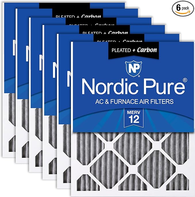 Nordic Pure 20x25x1 Pleated MERV 12 Plus Carbon Air Filters 6 Pack | Actual by NordicPure
